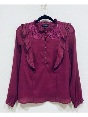 Calligraphie Anthropologie Top Womens Medium Burgundy Crinkly Ruffle Pleated